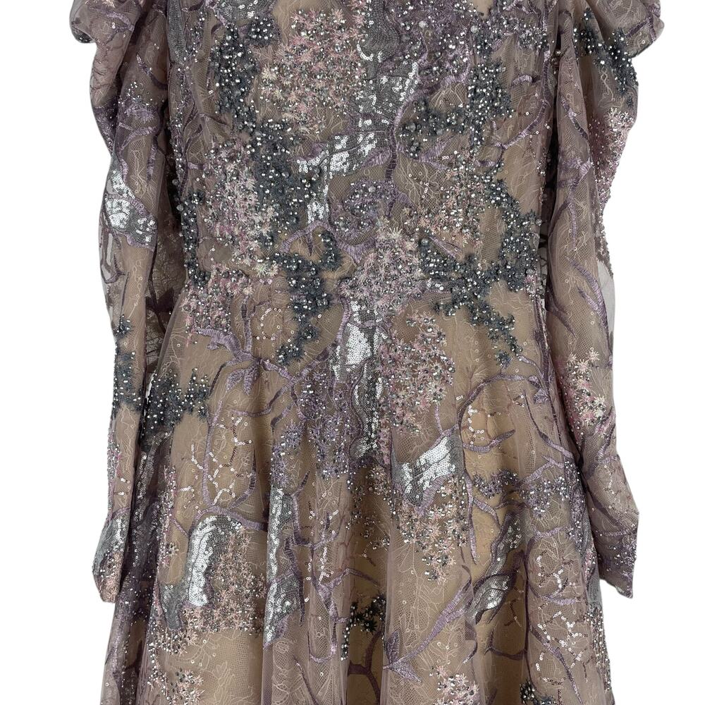 Mac Duggal Embellished High Neck Puff Sleeve A-Line Dress Taupe Size 6 - Picture 7 of 14